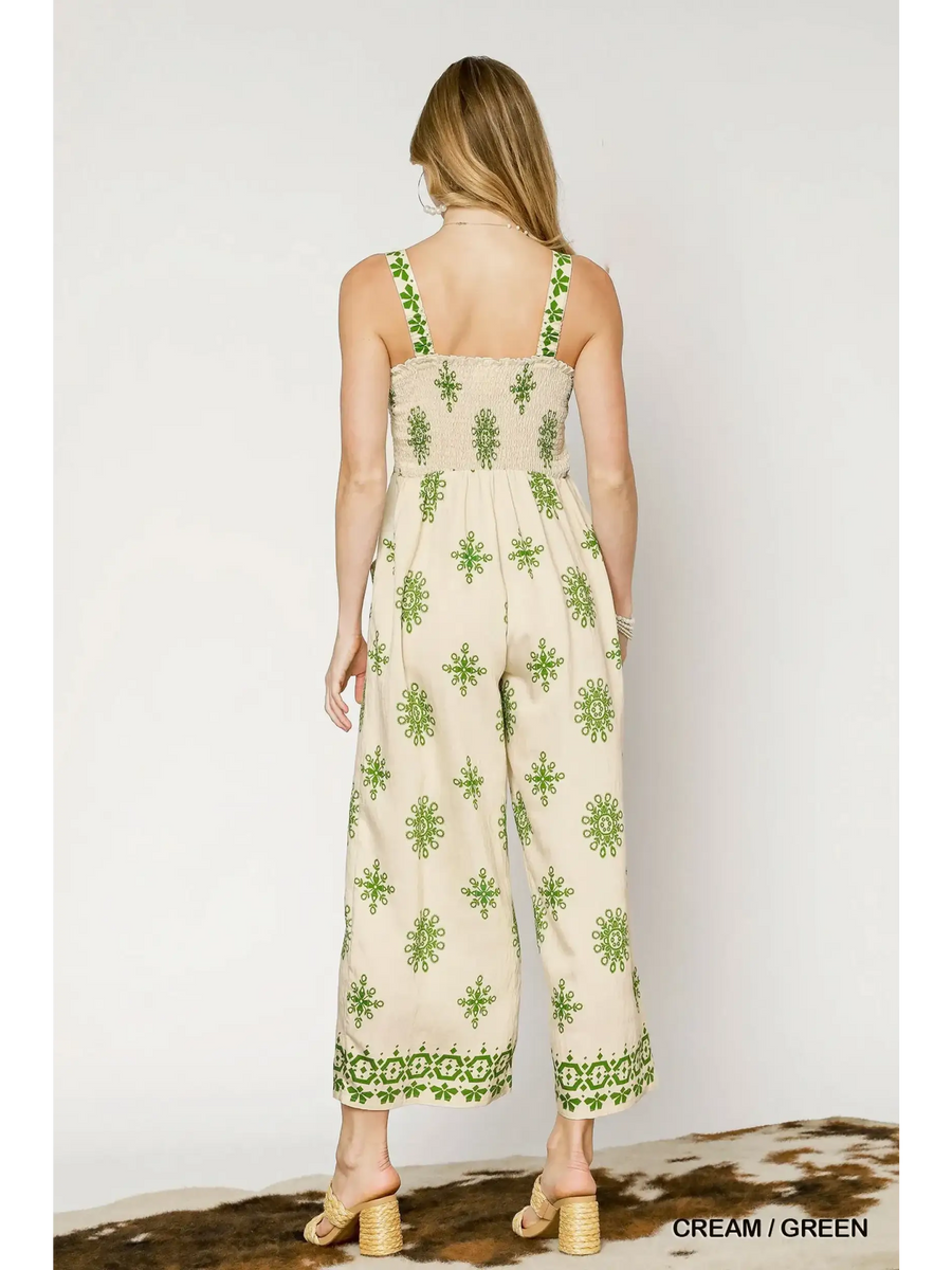 Babe Beachwear cream green smocked wide leg jumpsuit with floral print and adjustable straps