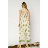 Babe Beachwear cream green smocked wide leg jumpsuit with floral print and adjustable straps