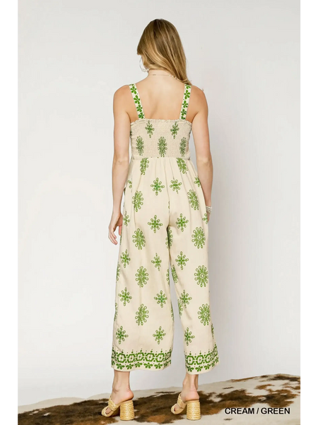 Babe Beachwear cream green smocked wide leg jumpsuit with floral print and adjustable straps