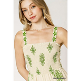 Babe Beachwear cream green smocked wide leg jumpsuit with floral embroidery and wide shoulder straps