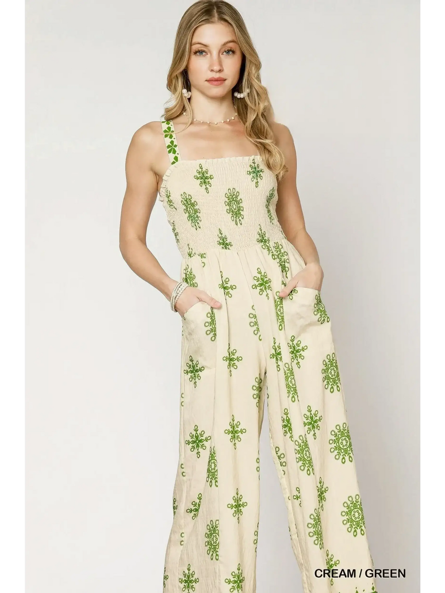 Babe Beachwear cream and green smocked wide leg jumpsuit with sleeveless straps and pockets