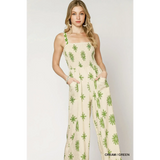 Babe Beachwear cream and green smocked wide leg jumpsuit with sleeveless straps and pockets