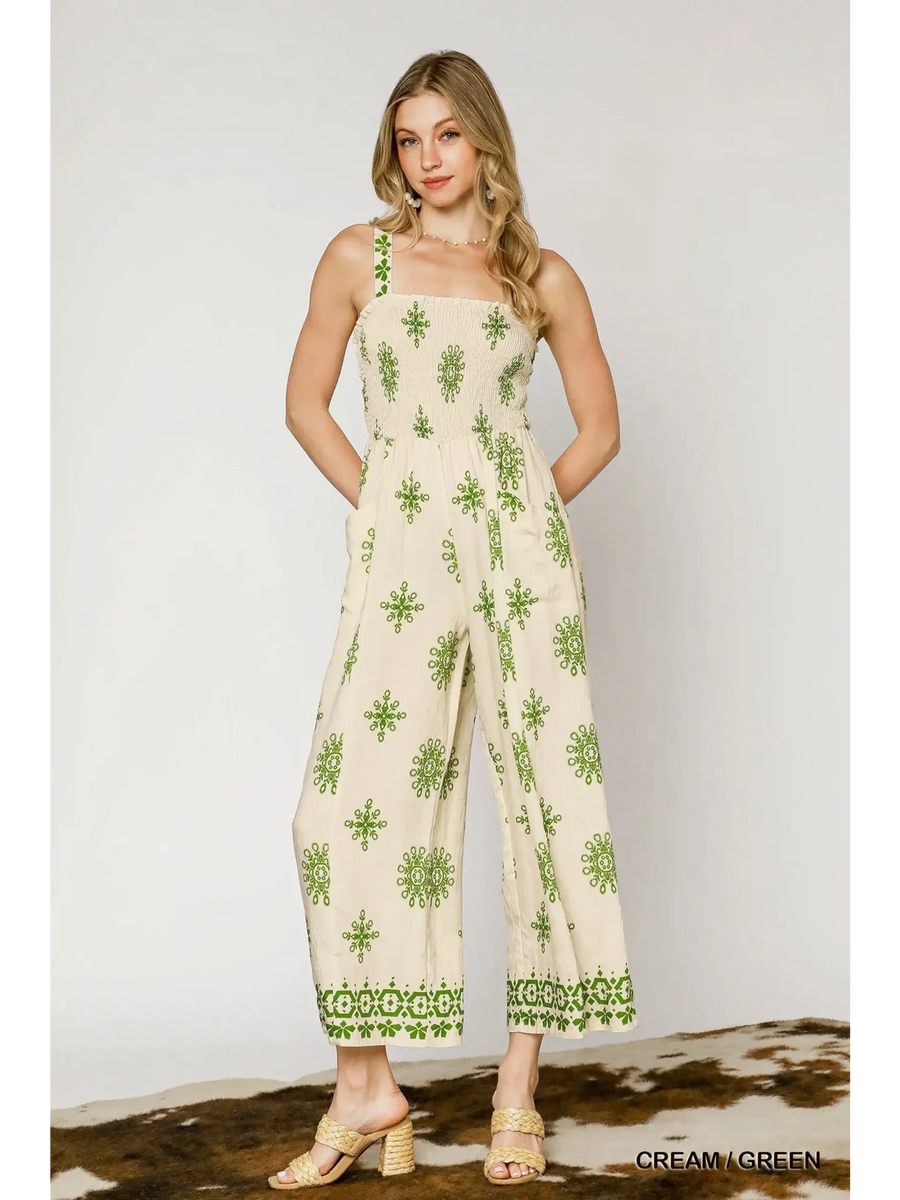 Babe Beachwear cream and green smocked wide leg jumpsuit with sleeveless straps and relaxed fit