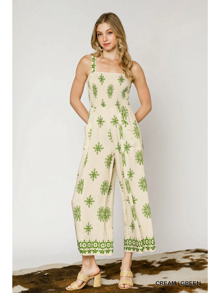 Babe Beachwear cream and green smocked wide leg jumpsuit with sleeveless straps and relaxed fit