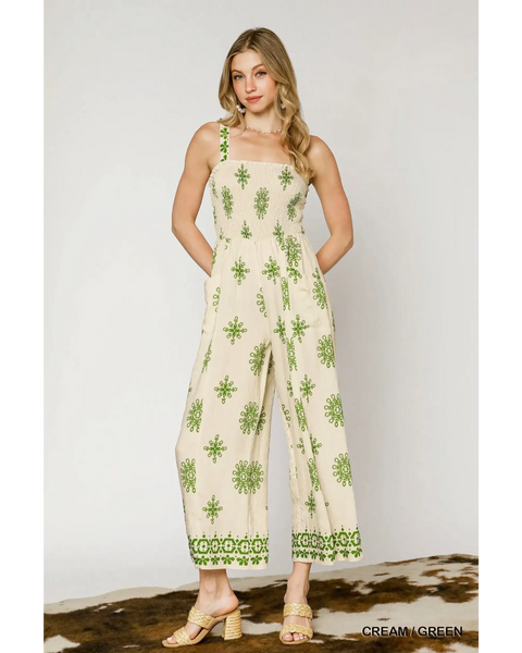 Babe Beachwear cream and green smocked wide leg jumpsuit with sleeveless straps and relaxed fit