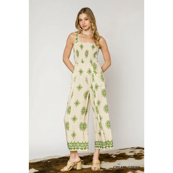 Babe Beachwear cream and green smocked wide leg jumpsuit with sleeveless straps and relaxed fit