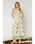 Babe Beachwear cream and green smocked wide leg jumpsuit with sleeveless straps and relaxed fit