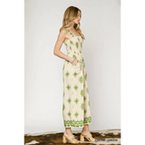 Babe Beachwear smocked wide leg jumpsuit in cream with green floral print and adjustable straps