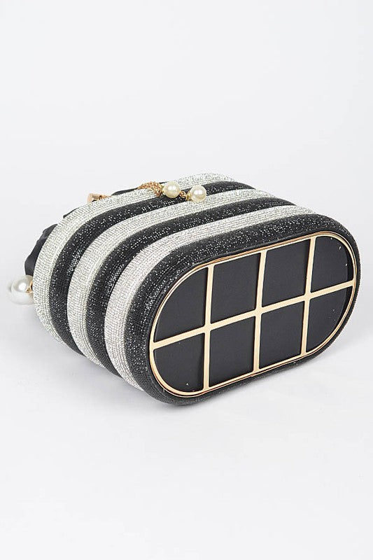 Artini Accessories Sparkle Striped Bucket Bag with Gold Detail showing bottom grid design and pearl accents