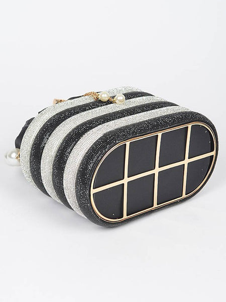 Artini Accessories Sparkle Striped Bucket Bag with Gold Detail showing bottom grid design and pearl accents