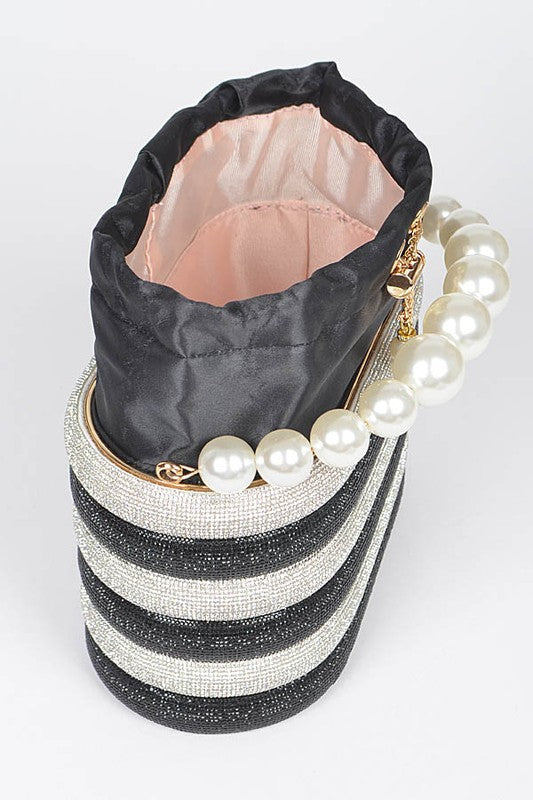Artini Accessories Sparkle Striped Bucket Bag with Gold Detail and pearl handle in black and white