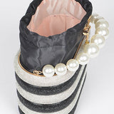 Artini Accessories Sparkle Striped Bucket Bag with Gold Detail and pearl handle in black and white