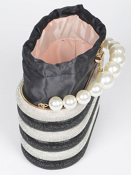 Artini Accessories Sparkle Striped Bucket Bag with Gold Detail and pearl handle in black and white