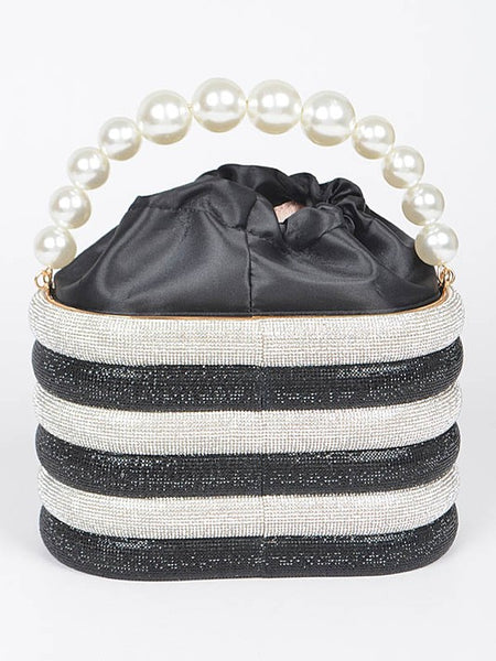 Artini Accessories Sparkle Striped Bucket Bag with Gold Detail featuring black and white stripes and pearl handle
