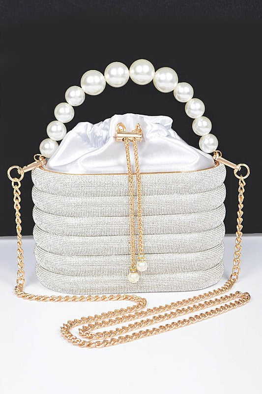Artini Accessories Sparkle Striped Bucket Bag with Gold Detail featuring pearl handle and gold chain strap