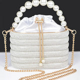 Artini Accessories Sparkle Striped Bucket Bag with Gold Detail featuring pearl handle and gold chain strap