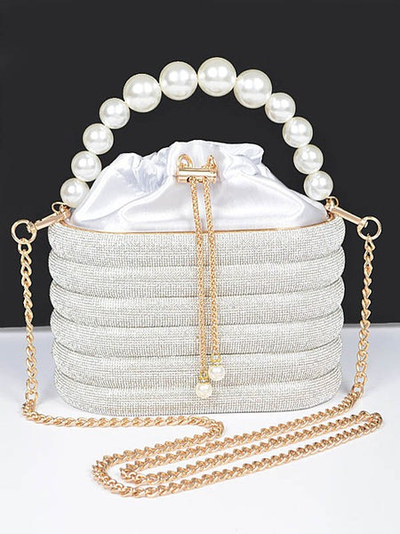 Artini Accessories Sparkle Striped Bucket Bag with Gold Detail featuring pearl handle and gold chain strap