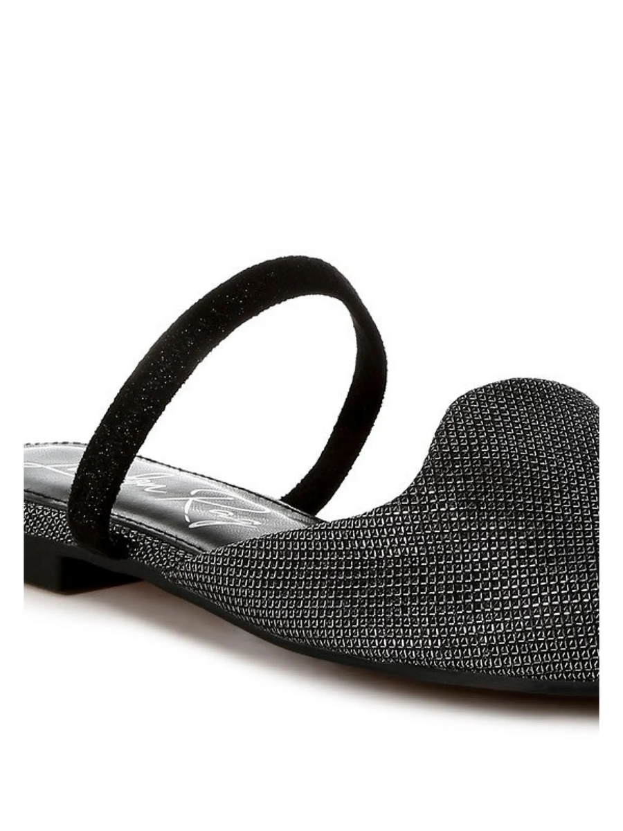 Babe Beachwear black sparkling glitter mules for women with a low heel and single strap design