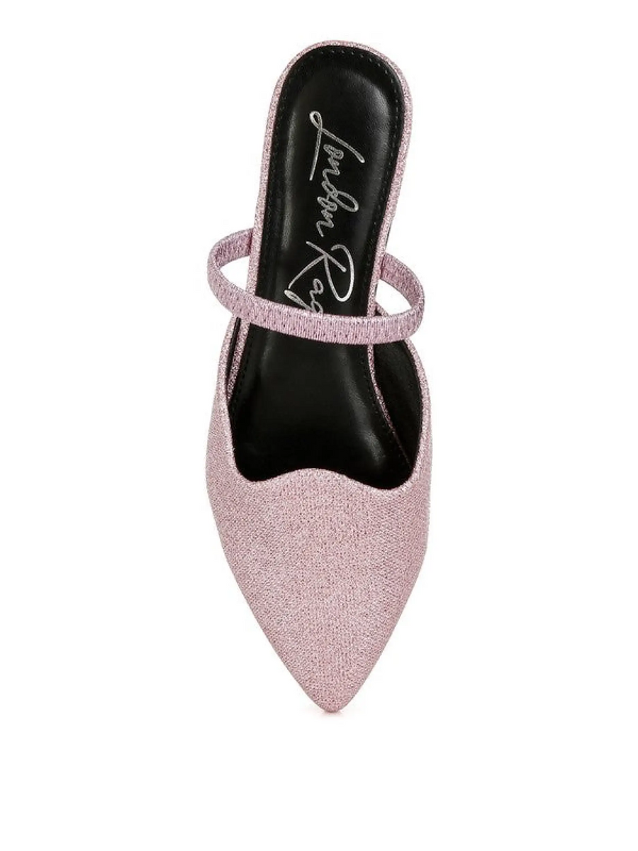 Babe Beachwear sparkling glitter mules for women in light pink with pointed toe and single strap