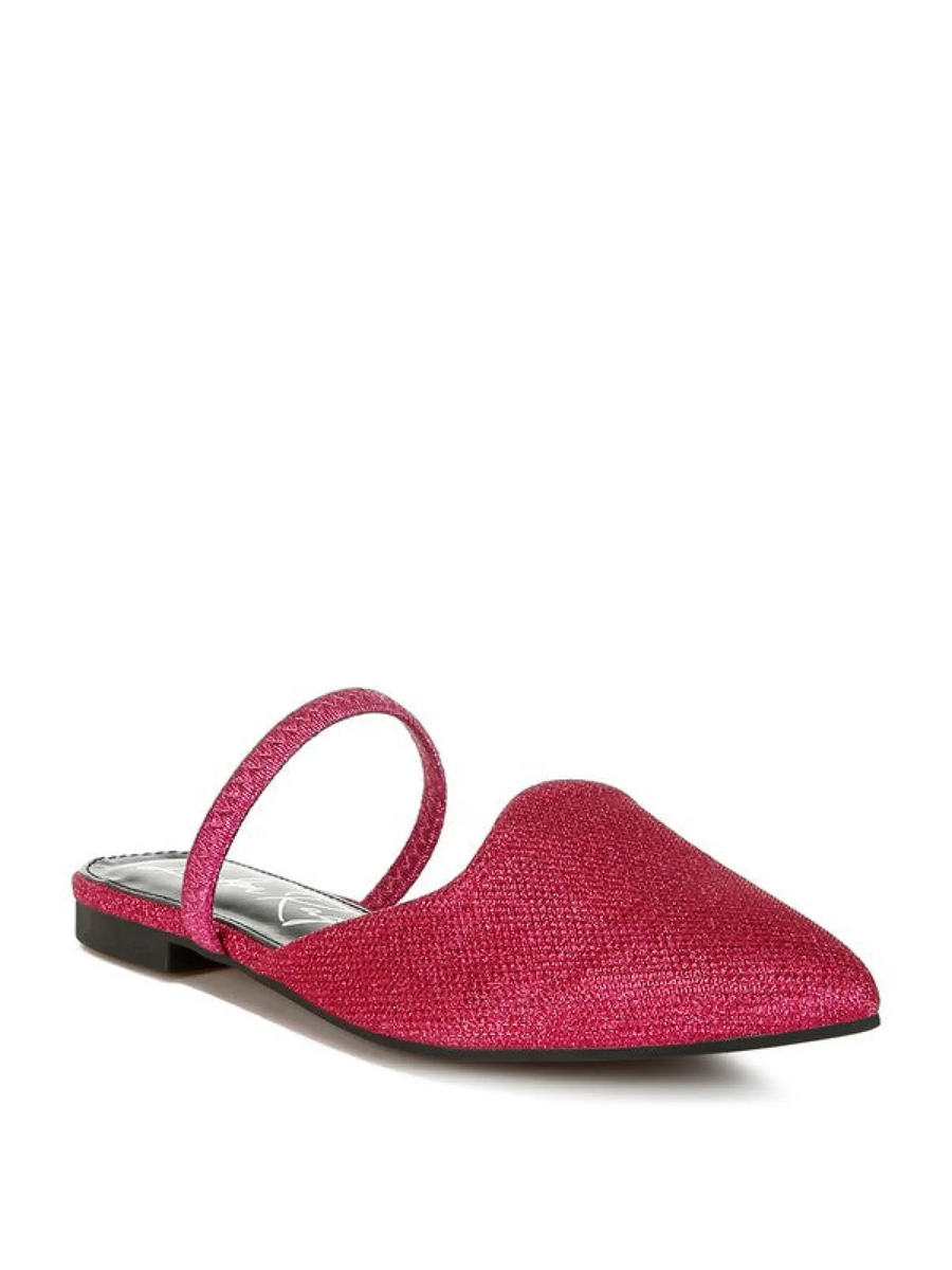 Babe Beachwear sparkling glitter mules for women in vibrant pink with pointed toe and slingback strap