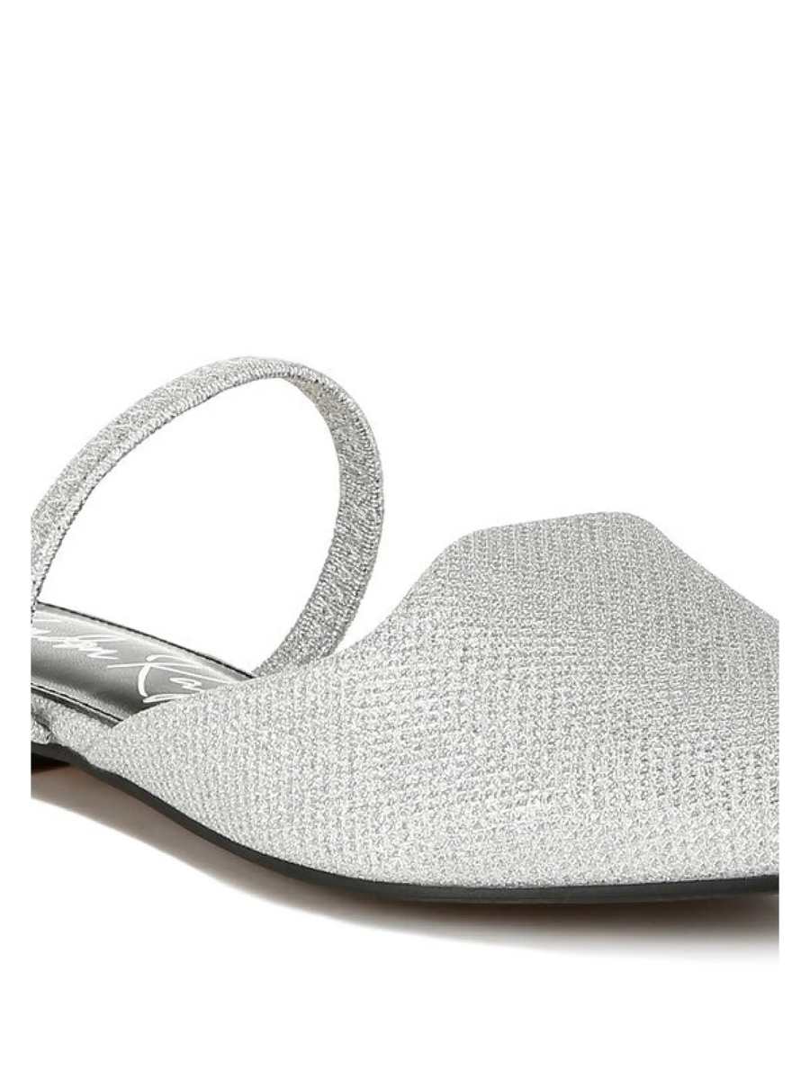 white side view Babe Beachwear sparkling glitter mules for women in silver with pointed toe and slingback strap