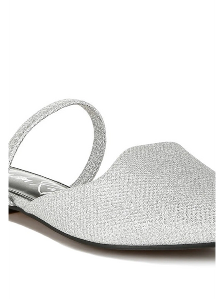 white side view Babe Beachwear sparkling glitter mules for women in silver with pointed toe and slingback strap
