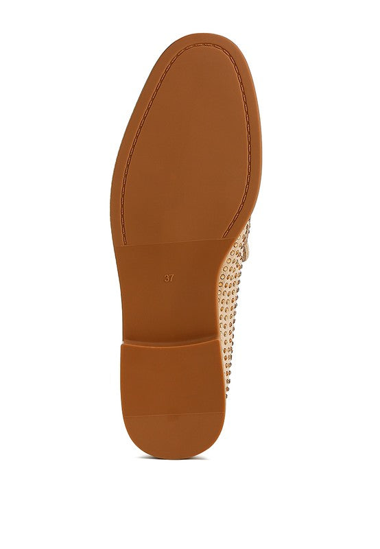 Bottom view of Rag Company sparkling rhinestone loafers with brown sole and heel