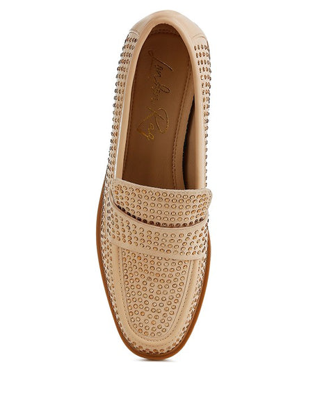 Beige Rag Company sparkling rhinestone loafers with studded detailing and leather sole