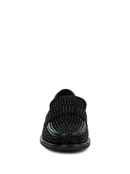 Rag Company black sparkling rhinestone loafers with studded design and slip-on style