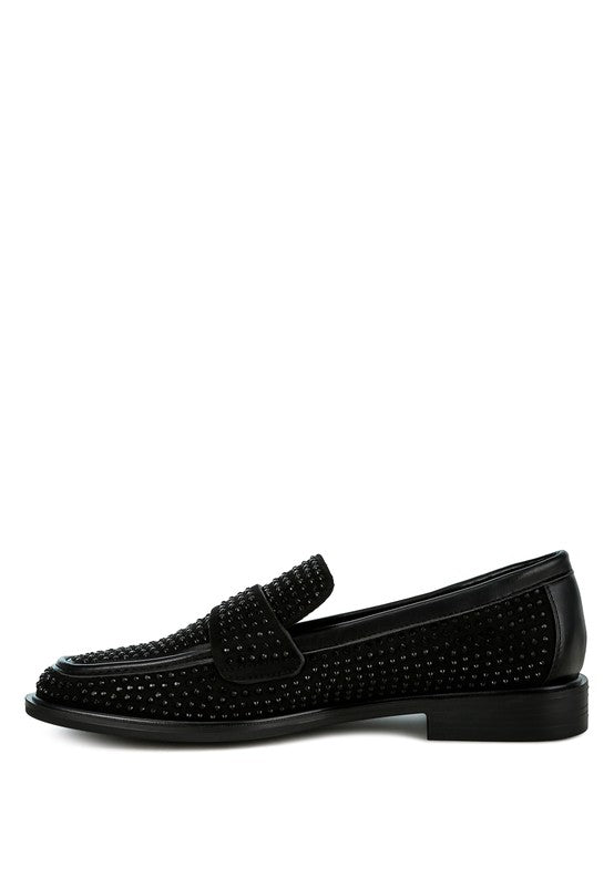 Rag Company black sparkling rhinestone loafers with studded detailing and low heel
