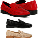 Rag Company sparkling rhinestone loafers in red, black, and beige with studded detailing