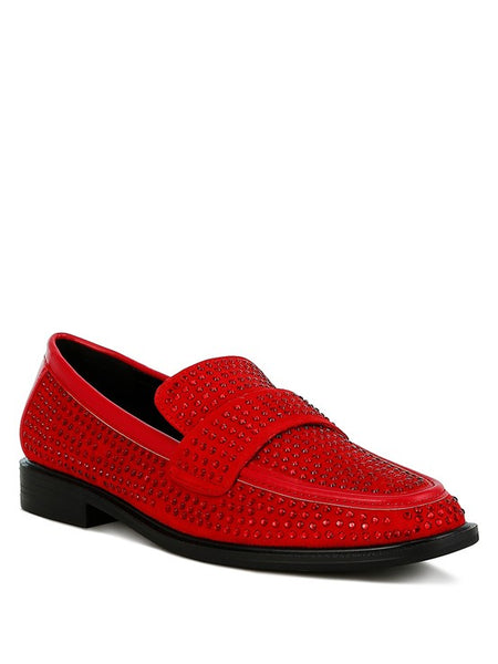 Rag Company red sparkling rhinestone loafers with black sole and elegant studded design