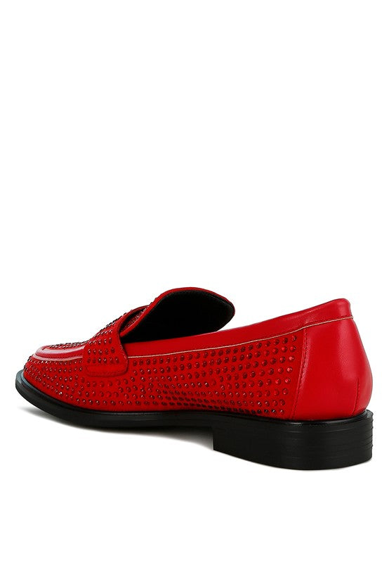 Rag Company red sparkling rhinestone loafers with black sole and studded design