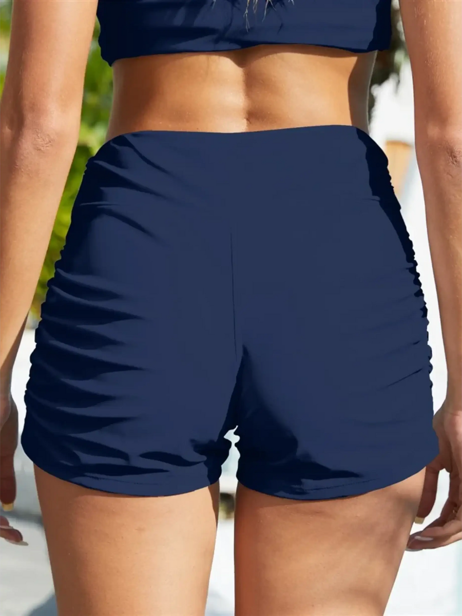 Beach Babes navy sporty swim shorts for women with ruched sides and high waist design