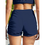 Beach Babes navy sporty swim shorts for women with ruched sides and high waist design