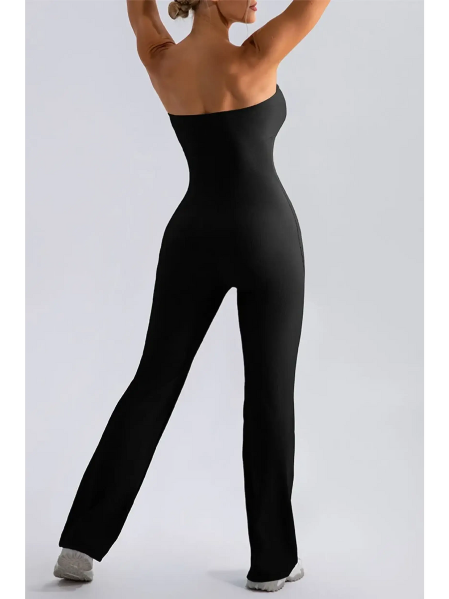 Babe Beachwaer black strapless active jumpsuit with fitted silhouette and wide leg design