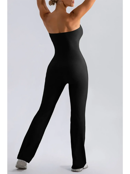Babe Beachwaer black strapless active jumpsuit with fitted silhouette and wide leg design