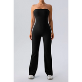 Black strapless active jumpsuit by Babe Beachwear with fitted top and wide-leg pants