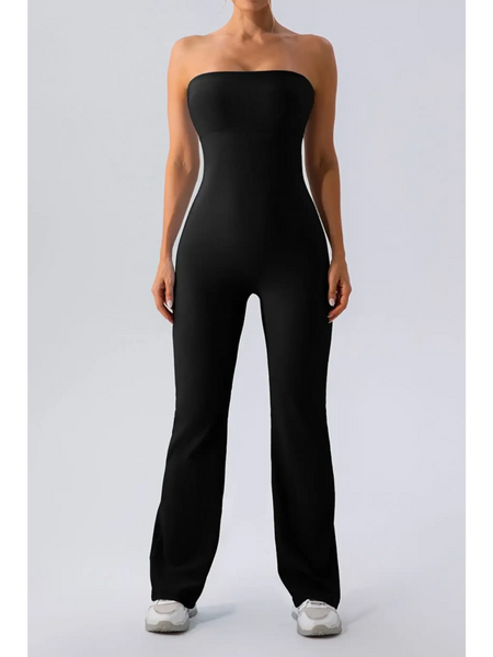 Black strapless active jumpsuit by Babe Beachwear with fitted top and wide-leg pants