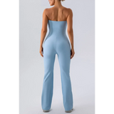 Babe Beachwaer light blue strapless active jumpsuit fitted design shown from the back