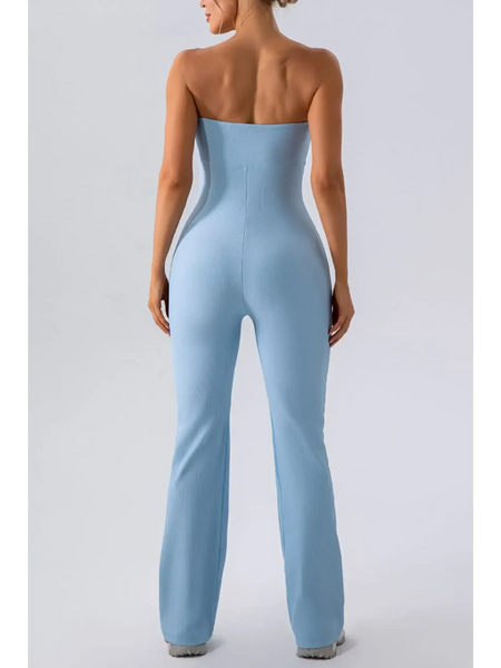 Babe Beachwaer light blue strapless active jumpsuit fitted design shown from the back