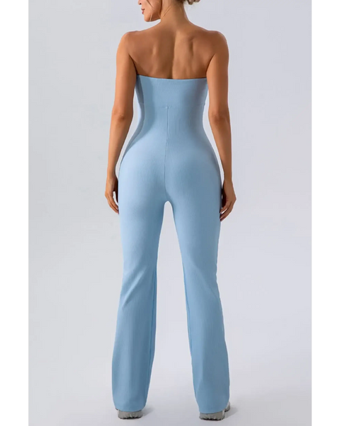 Babe Beachwaer light blue strapless active jumpsuit fitted design shown from the back