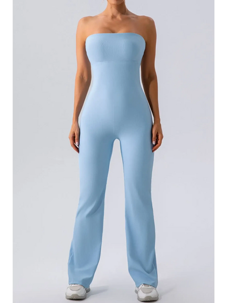 Babe Beachwear strapless active jumpsuit in light blue with a fitted bodice and wide-leg pants