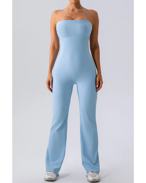Babe Beachwear strapless active jumpsuit in light blue with a fitted bodice and wide-leg pants
