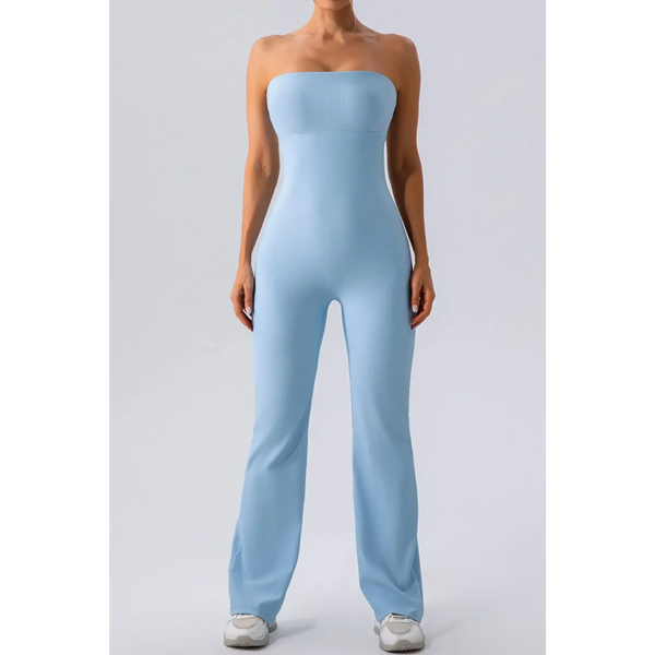 Babe Beachwear strapless active jumpsuit in light blue with a fitted bodice and wide-leg pants