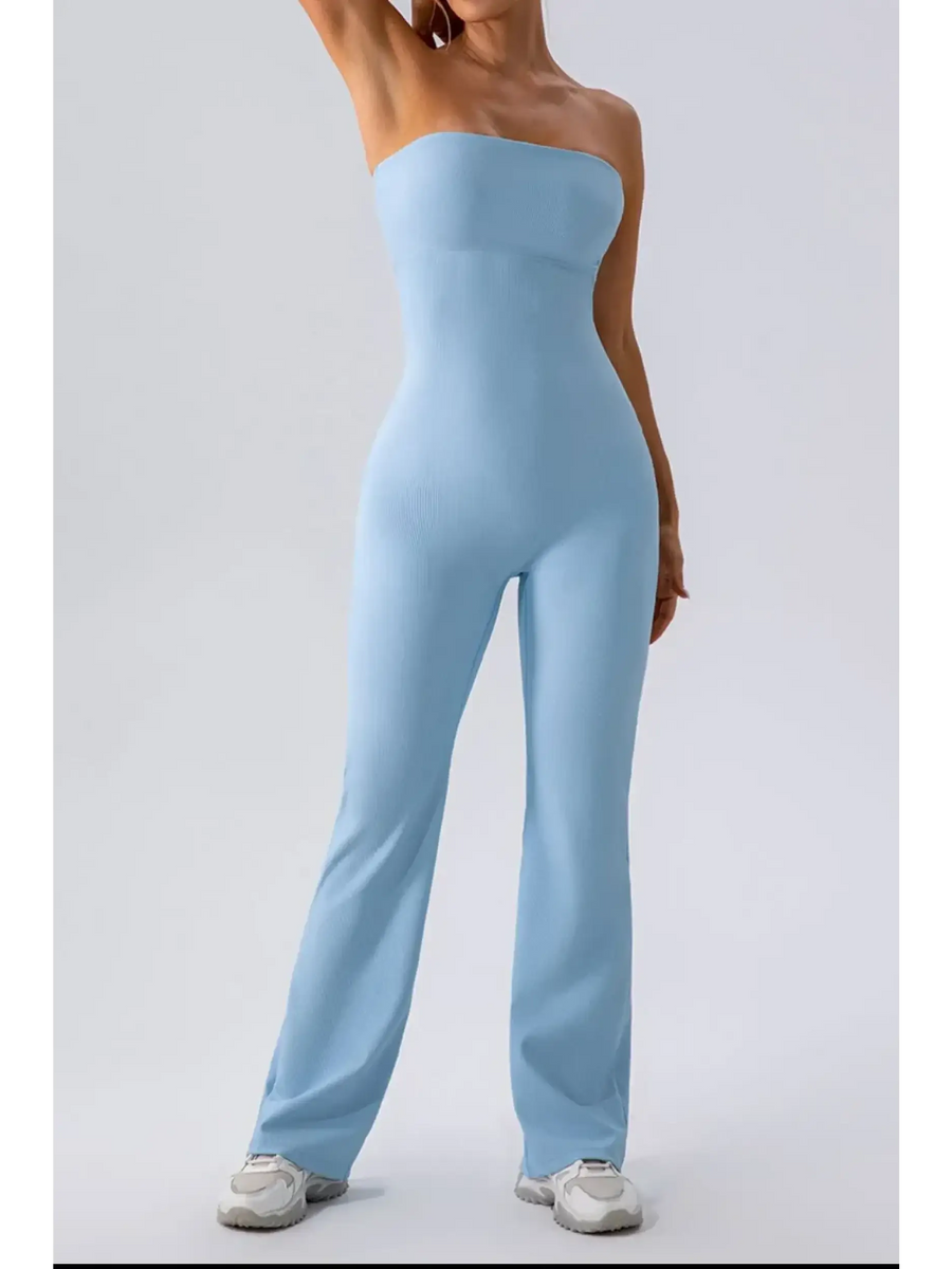 Babe Beachwear light blue strapless active jumpsuit with fitted top and wide legs