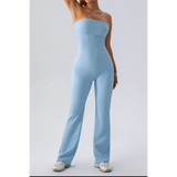 Babe Beachwear light blue strapless active jumpsuit with fitted top and wide legs