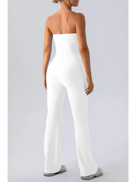 Babe Beachwear white strapless active jumpsuit with fitted bodice and wide-leg pants