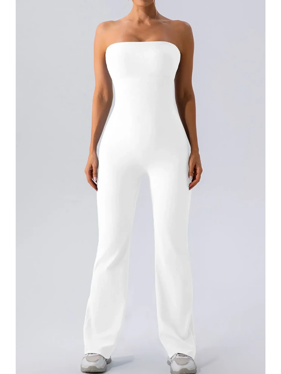 Babe Beachwaer white strapless active jumpsuit with a sleek fitted design and full-length pants