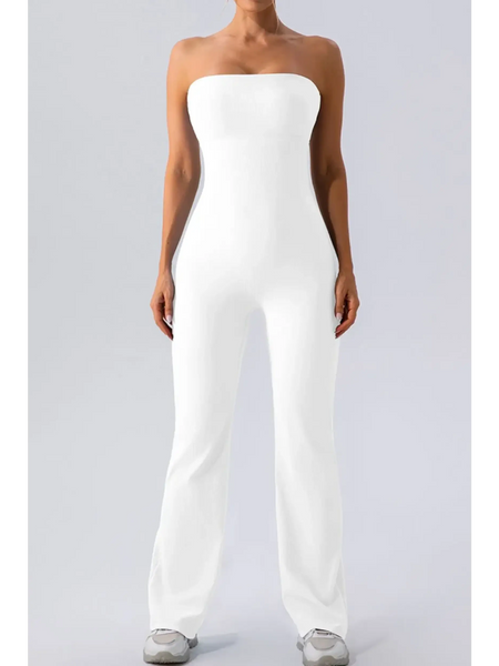 Babe Beachwaer white strapless active jumpsuit with a sleek fitted design and full-length pants